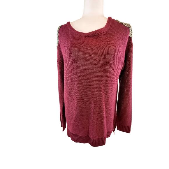May & July Sweater Size Medium Wine red burgundy matt gold sequins on shoulders - Picture 1 of 11
